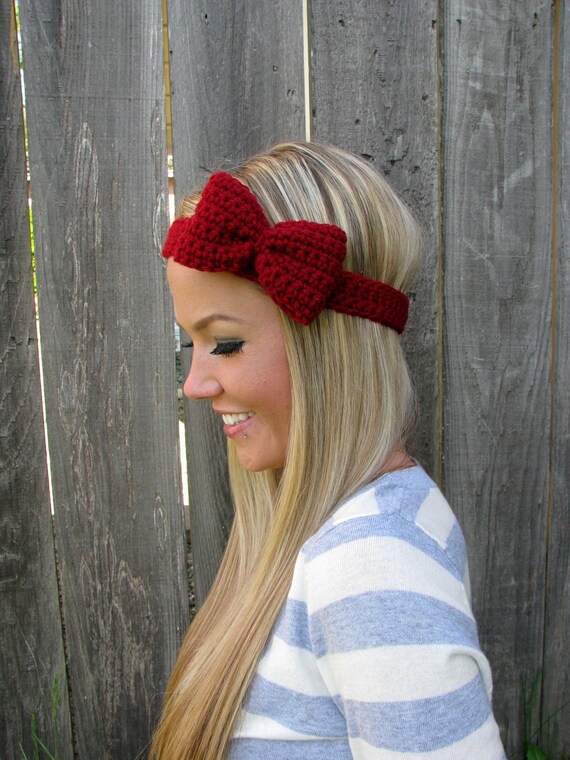 Items similar to Crimson Red Crochet Bow  Headband  w 