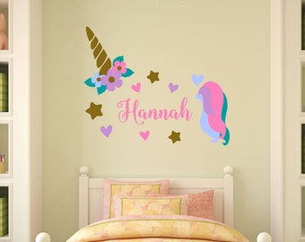 Unicorn wall decal - girls name personalized unicorn wall decal - unicorn monogram wall decal