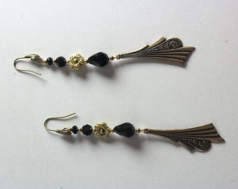 Earrings pendant style Art Deco and Jet Black faceted beads