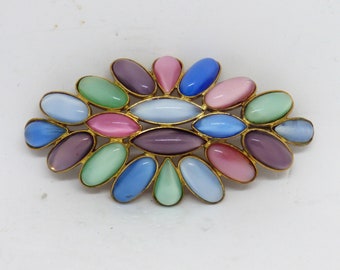Large Vintage 1920's Czechoslovakian Gold Plated Elongated Lozenge Shaped Brooch Set With Multi Colored Satin Glass Cabochon Glass Stones