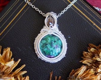 Green Zoisite and Smoky Quartz Silver Wire Wrap Pendant Necklace
