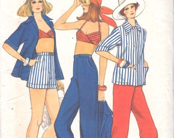 1970s Vogue 8886 Misses Summer Jacket Pants Cuffed Shorts Wrapped Halter Bra Top Pattern Womens Vintage Sewing Size 10 Bust 32 UNCUT