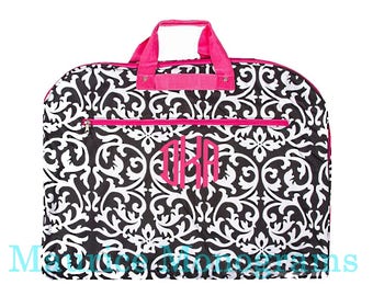 Personalized Damask Garment Bag with Hot Pink Trim Hanging Bag-Canvas Like Material-Monogrammed FREE-Dance Recitals