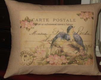 French Carte Postale Bird Pillow with French Script