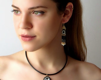 Boho chic necklace and earring set for party, Tribal style jewelry for women, Bohemian jewelry, Black & gold beaded jewelry for prom