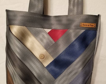 Seatbelt purse Seatbelt bag Seatbelt tote bag recycled seatbelt bag in a multi color with grey top handle bag