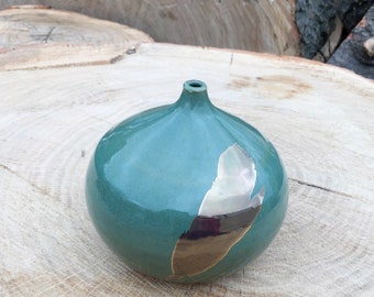 Spring Green Feather Bottle Gold Luster Handmade Pottery by Daisy Friesen