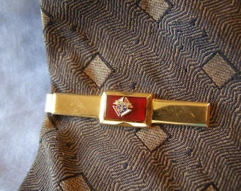 Knights of Columbus Organization Tie Bar Clip - KOC Fraternity emblem w Red Lucite on gold Finish - vintage mens Fashion, Anniversary gift