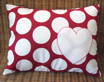Appliqued Heart Pillow with Red & White Polka Dot Print and White Wool Felt Heart, 12" x 16"