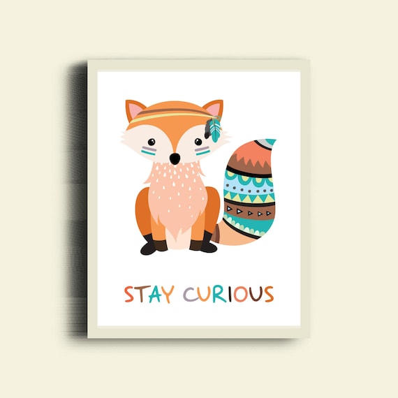 FOX Print, Stay Curious, Tribal Animal Art, Neutral Nursery Wall Art, Tribal Fox Nursery Decor, Cute Fox, Tribal Art Kids Room Poster, Fox