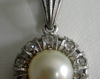 Faux Pearl, Rhinestone and Silver Tone Pendant Necklace on 925 Chain- Unsigned - Vintage