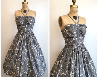 1950s Halter Dress 50s Gray Floral Sundress