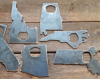 STATE BOTTLE Opener Rustic Steel Recycled Industrial Travel Gift, wedding favor, Party gift, beer opener