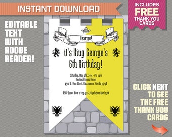 Medieval Knights Party Invitation with FREE Thank you Card! - Knights Invitation - Medieval Invitation - Editable PDF file - Print at home