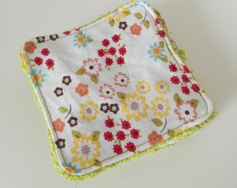 Washable cotton with flowers and green Terry cloth.