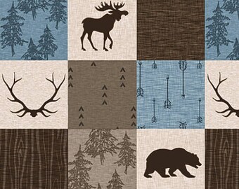 Blue Brown Tan Minky Baby Blanket Baby Boy Quilt Moose Arrow Bear Antler Woodland Baby Quilt Crib Bedding Rustic Patchwork Nursery Quilt