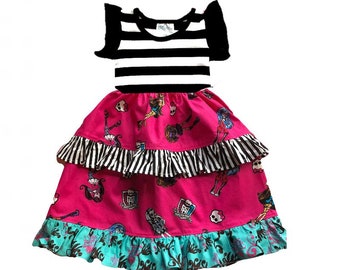 Monster High birthday party dress girls toddler pink black Momi boutique custom dress