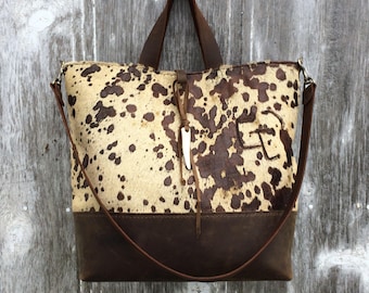 Acid Washed Cowhide and Embossed Snakeskin Leather Tote Bag by Stacy Leigh