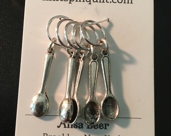 Spoon-shaped knitting stitch markers -- set of five -- silver charms of teaspoons