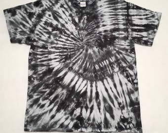 Hand Tie Dyed Gray Black size L Shirt Ready To Ship Large Dye Spiral Reto T Shirt #01025