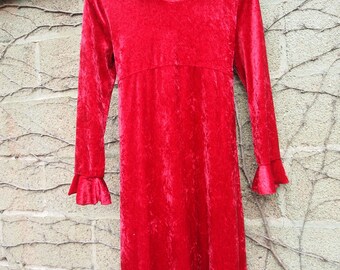 Cute 1990s / 90s Bright Red Crushed Velvet Empire Waist Grunge Goth Cool Bell Sleeve Tie Waist Party Dress