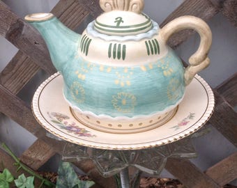 Vintage Teapot Garden Stake - Ceramic Glass Yard Art - Whimsy Garden Decor