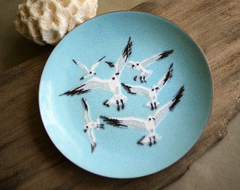 Vintage Enamel on Copper Seagull Dish by AnneMarie Davidson Mid Century Metal Art Modern Beach Seaside Cottage Decor Metal Art California