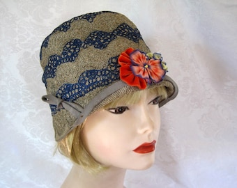 1920s Cloche Hat / 20s Cloche Hat / Embroidered Straw Braid Cloche Hat / Meadowbrook of California / 22"
