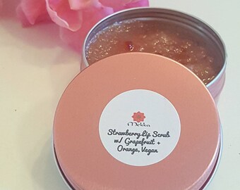 Vegan Strawberry Lip Scrub w/ Grapefruit + Orange, All Natural, Edible, Beautiful Scent, Chemical-Free, Food Grade, Non-Toxic, Exfoliater