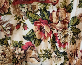 Large Vintage BARKCLOTH ERA Drapery / Curtain Panel Floral Birds, Phesants, Leaves, Fabric Sewing Projects Hippy, Mid Century, Retro