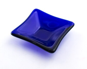 Cobalt Blue Glass Ring Dish, Fused Glass, Jewelry Holder, Small Glass Bowl, Catch All, Trinket Tray, Condiment Server, Small Gifts for Women
