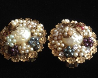 Unsigned Early Schiparelli, Haskell or Robert/ Faux Glass Pearls and Brass Clip Back Earrings