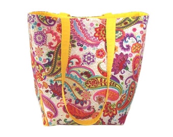 Paisley Tote Bag, Floral Cloth Purse, Handmade Purse, Yellow, Orange, Pink, Purple, Shoulder Bag, Fabric Handbag