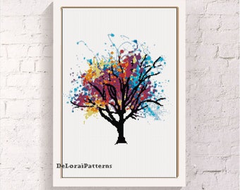Rainbow tree cross stitch pattern. Watercolor tree, cross stitch tree, decorative tree, tree wall, colorful tree, nature cross stitch.