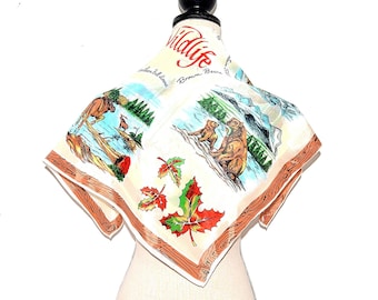 Vintage Travel Scarf - 60s Canadian Wildlife Scarf - Silk Scarf - Maple Leaf Canada Travel Silk Scarf - Vintage Tourist Scarf