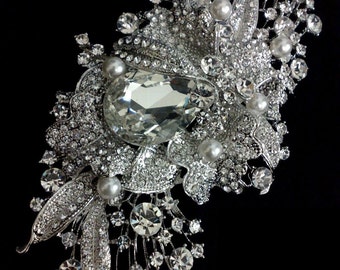 Crystal Bridal Brooch, Rhinestone Wedding Broach, Leaves Broach, Statement Wedding Jewelry, Pearl Bridal Jewelry, Gift for Her, ABBEY