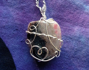 Rhodochrosite Necklace, Rhodochrosite pendant, Pink Stone necklace, Pink and Black Stone pendant, Heart Stone pendant, boho crystal necklace