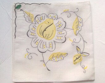 Vintage Handkerchief - Yellow and Gray Madeira Floral Embroidery - MWT Unused