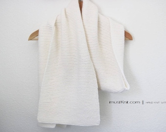 super soft hand knit scarf | knit garter scarf | knit white scarf || hand knit shawl | knit wrap -nature white 9.5 x 73.5''