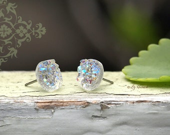 Faux Druzy Stud Earrings. Clear Glitter Druzie Posts. 10 mm Faux Drusy Posts. Ice Glitter Earrings.
