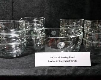 Salad Serving Bowl with 12 individual bowls, etched glass