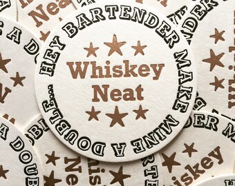 Whiskey Neat Letterpress Beermats, 4 Pack
