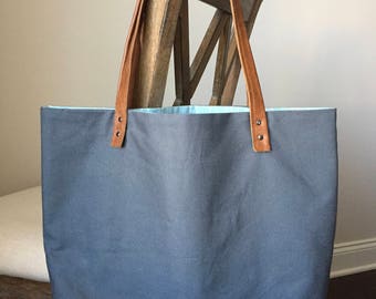 Large Organic Canvas Tote w/Leather Straps Birch Fabric
