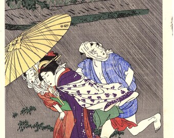 Japanese Ukiyoe, Woodblock print, antique, Utamaro, "Rain Shower"