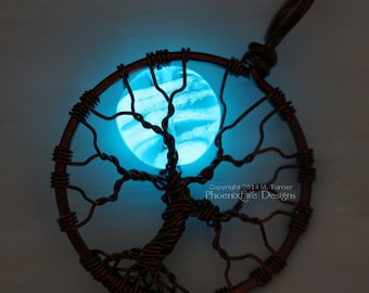 Blue Glow in the Dark Full Moon Tree of Life Pendant Glowing Jewelry Teal Blue Moon Glow Necklace Brown Wire Wrapped Handmade Black Light UV