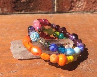 Rainbow Glass Bead Memory Wire Bracelet