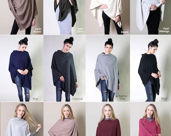 100% Organic Cotton 5-Way Knit Poncho Sweater Pullover Cardigan Topper, Super Soft, Lightweight, Breathable, All-Season (12 COLORS)