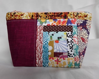 Crazy Scrappy Log Cabin - Quilted Small Zipper Pouch