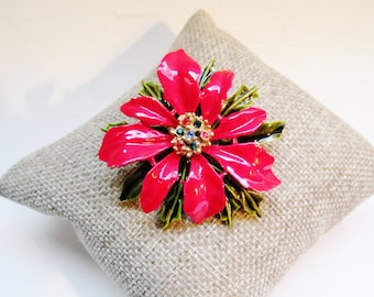 Poinsettia Pin by ART Jewelry, Christmas Brooch, Christmas Flower Pin, Red Enamel Poinsettia Pin