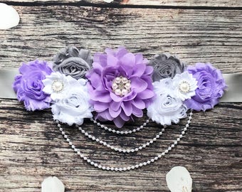 Gray Purple White Pearl Maternity Sash - Maternity Sash - Belly Sash - Maternity Belly Sash - Maternity Sash Girl - Baby Shower Sash
